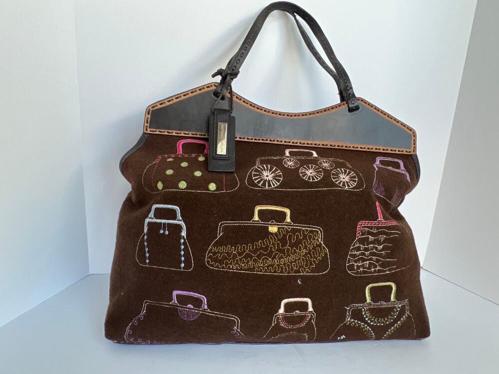 Antonio Melani Brown Wool Leather Tote Handbag Purse Embroidered Novelty Bag